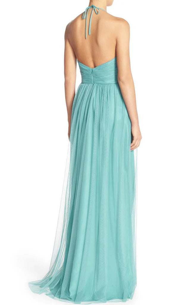 Neckholder-V-Ausschnitt, langes Tüll-Ballkleid, formelles Abendkleid